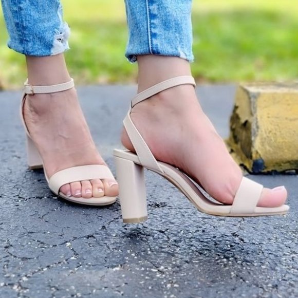 Womens Ankle Strap Chunky Block Heel Dress Sandals Nude Color - Picture 1 of 4